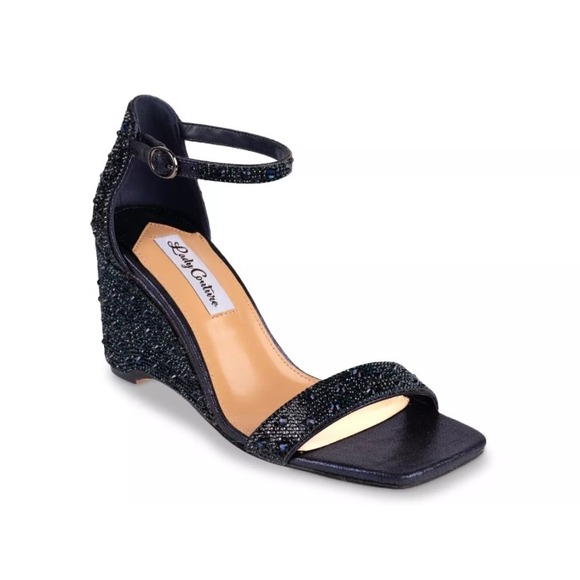 Lady Couture Shoes - Black Beaded Ankle-Strap Wedge Sandals